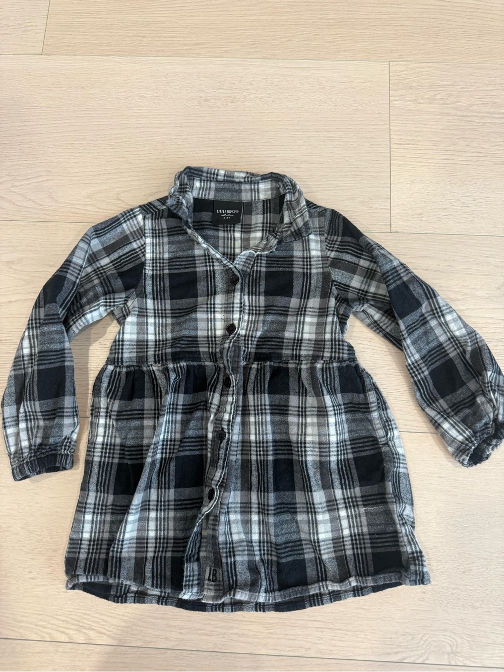 Little Bipsy Black, White & Gray Plaid Button-Front Kids Dress | 2-3T